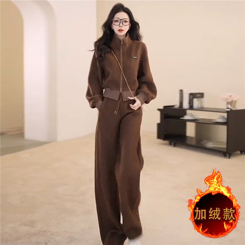 女秋冬新款高级感休闲时尚套装减龄显瘦拉链开衫外套阔腿裤两件套,女装套装/套裙,江南