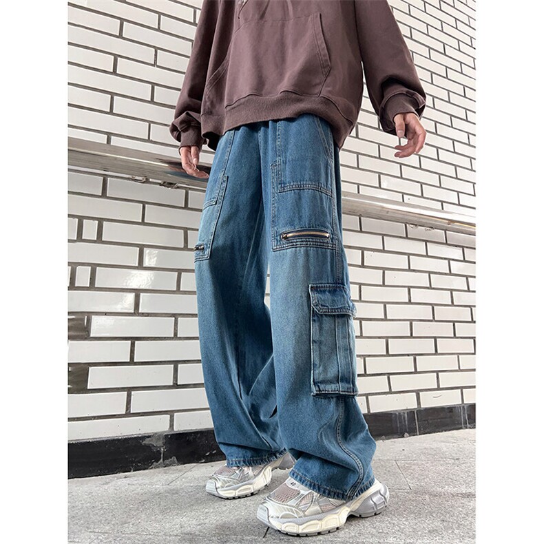 DXK8062-P60；美式复古多口袋牛仔裤男女秋冬季潮牌水洗工装裤图片