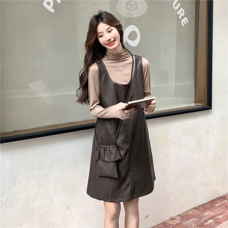 现货:秋季休闲高级复古PU皮裙打底衫两件套2C135-8896P155K228,女装套装/套裙,2C135