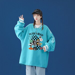 中性风 2023秋季新款港风潮牌棋盘格印花宽松百搭卫衣B06p55控68图片