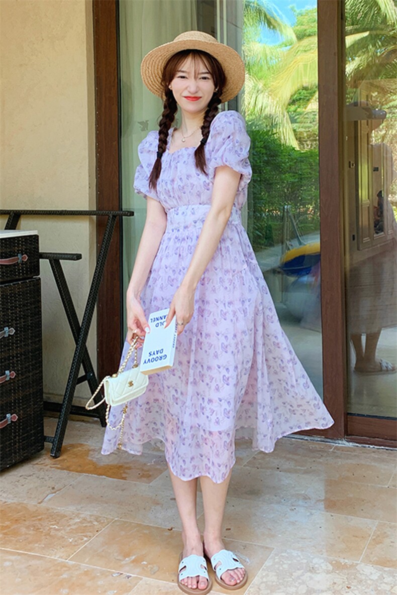 【新款现货】夏季紫色碎花连衣裙82369-P115-K165,女装连衣裙,一九零