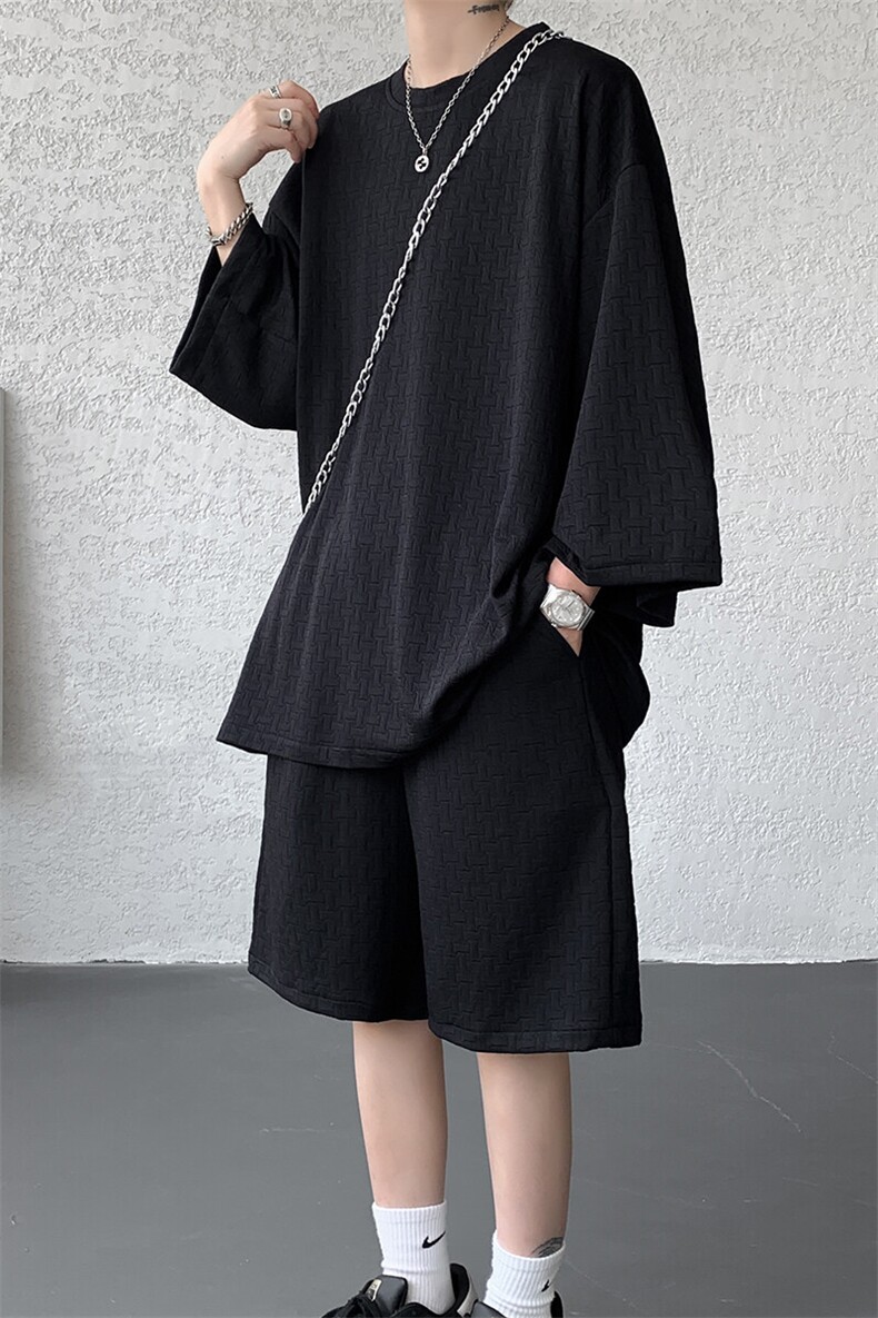8XL-M高级感纹理短袖套装男夏季慵懒风T恤短裤两件套TZ108P78,男装牛仔裤,电商D206-1
