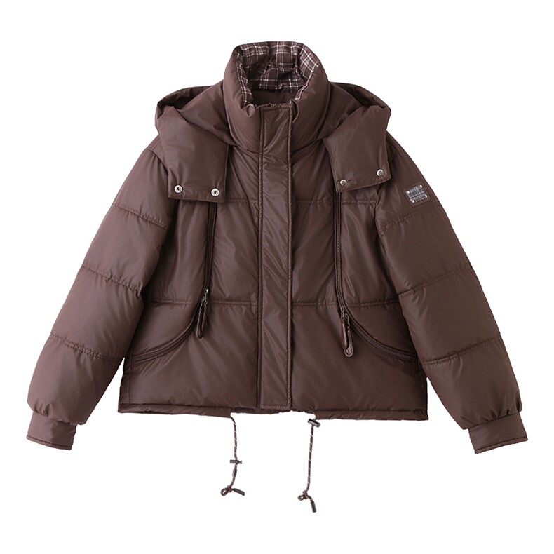 现货冬装新款简约时尚保暖休闲拼接连帽PU加厚棉服棉衣外套,女装棉衣/棉服,韩美纤衣
