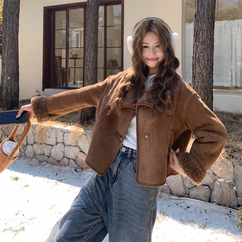 美拉德羊羔毛外套女皮毛一体翻领加厚保暖2025新款8061-P185-K280，女装羊羔毛/颗粒绒，浙宝115