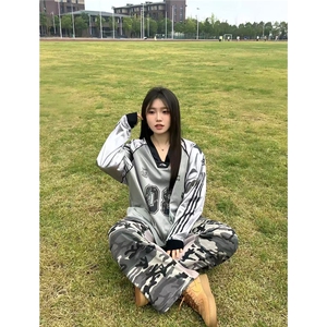 美式复古长袖T恤男女宽松拼接字母印花网眼透气衣服TPA06-P52图片