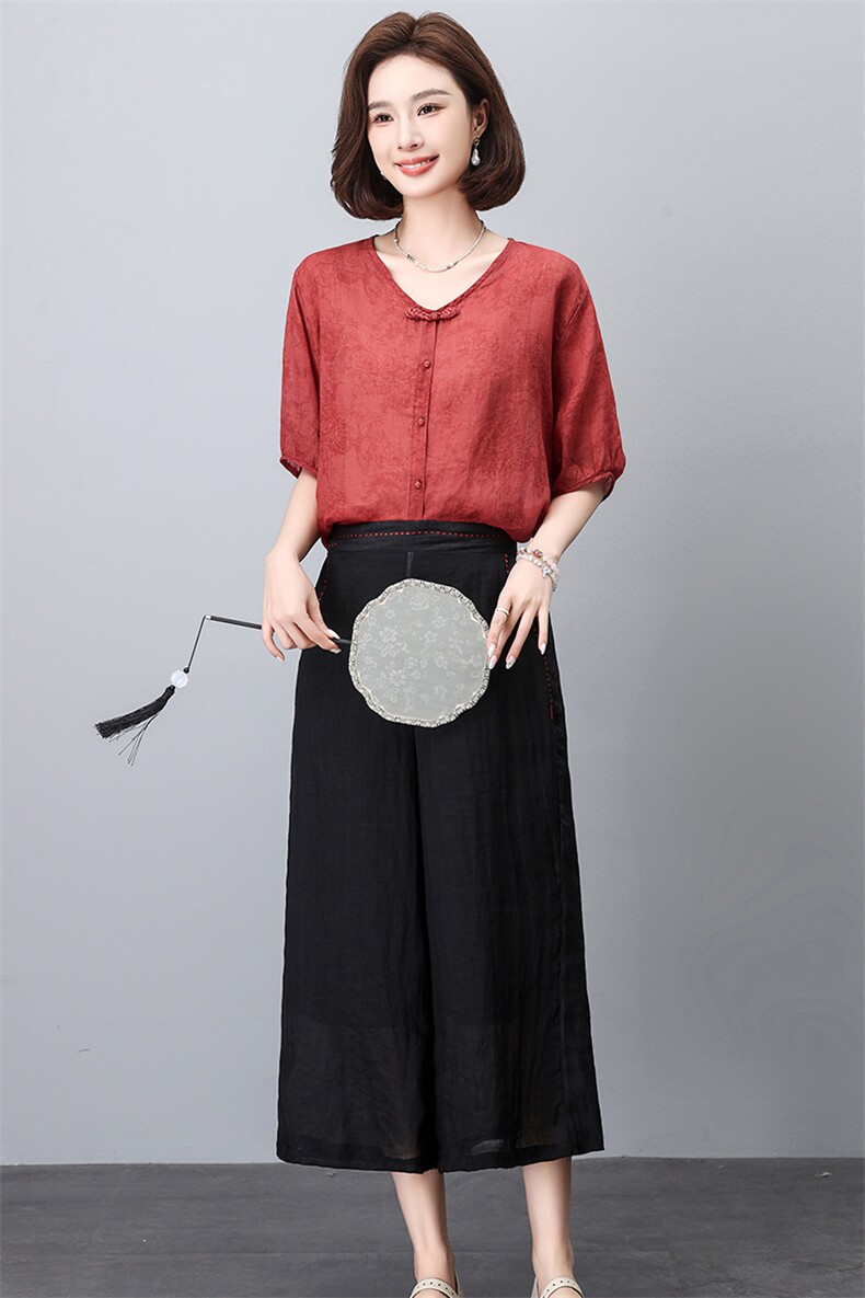 盘扣上衣绣花七分裤套装2024夏装新款薄款宽松复古中年妈妈,女装大码女装,奕阳依阁
