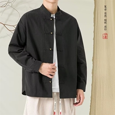 男秋季长袖衬衣居士汉服中式复古工装衬衫禅意茶服J6911-P55，男装衬衫，星座1105-3