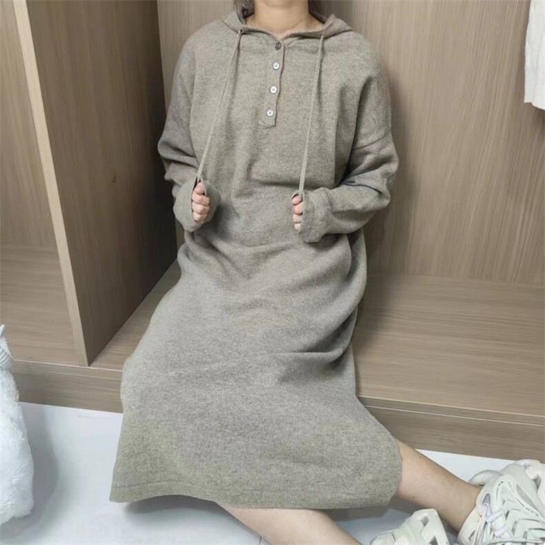 时尚宽松连帽大码长裙女装羊毛衫显瘦百搭舒适保暖毛衣裙,女装羊毛衫,泰沅羊绒