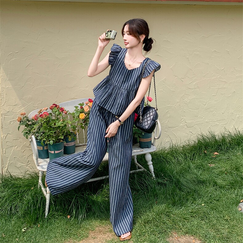 高级松弛感穿搭套装女夏2025新款小香风飞袖牛仔阔腿裤小众两件套,女装套装/套裙,维壹
