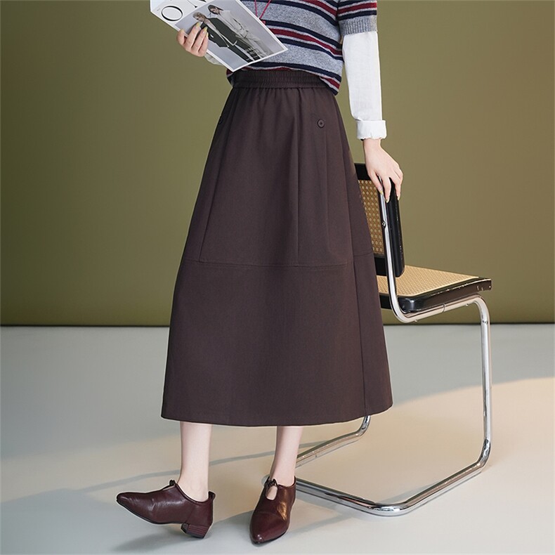 黑色休闲半身裙女2025秋季新款高腰显瘦A字花苞裙中长宽松蓬蓬裙，女装半身裙，艾米