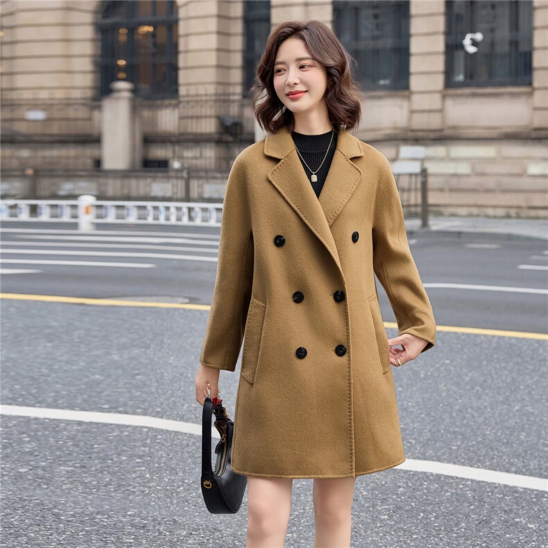 卡其色气质毛呢外套女中长款2025秋冬新款西装领双面绵羊毛呢大衣,女装双面呢大衣,米莱