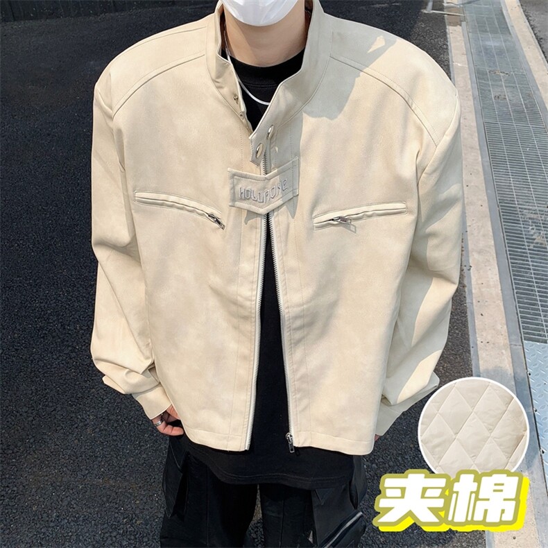 美式复古做旧加棉夹克潮牌设计感痞帅保暖立领Pu皮衣外套,男装夹克,星座410-6（原星座1304-1）