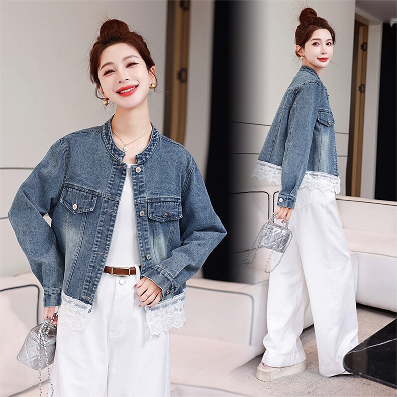 短款牛仔外套女2025年早春新款韩版立领蕾丝花边休闲百搭女士上衣,女装牛仔外套,星宇服饰