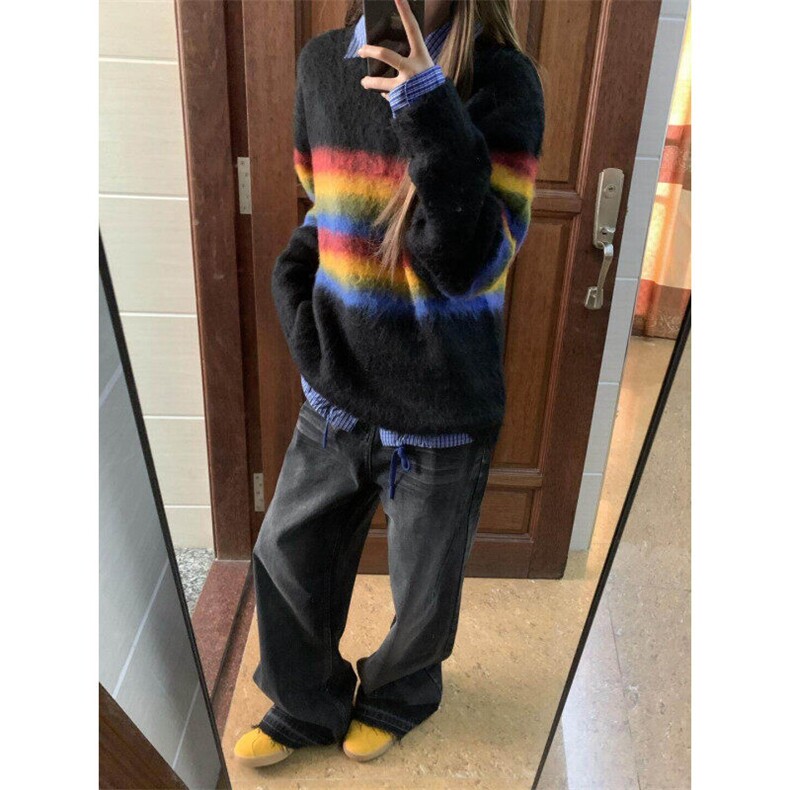 甜美小个子条纹彩虹毛衣女学生秋冬季加厚套头针织衫L65499-P53,男装针织衫/毛衣,星座1008