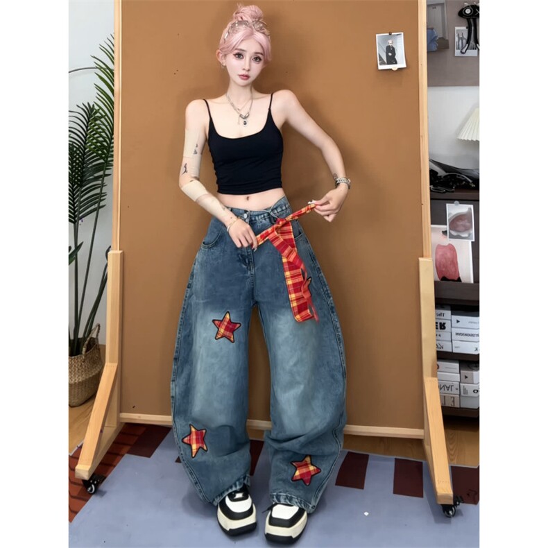 设计感创意汉堡毛巾绣牛仔裤男女显瘦宽松高街阔腿微喇裤,男装牛仔裤,星座506A