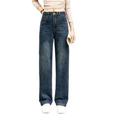 现货深色烫钻牛仔裤女士2024新款初秋薄款今年流行直筒宽松阔腿裤，女装牛仔裤，江南女神