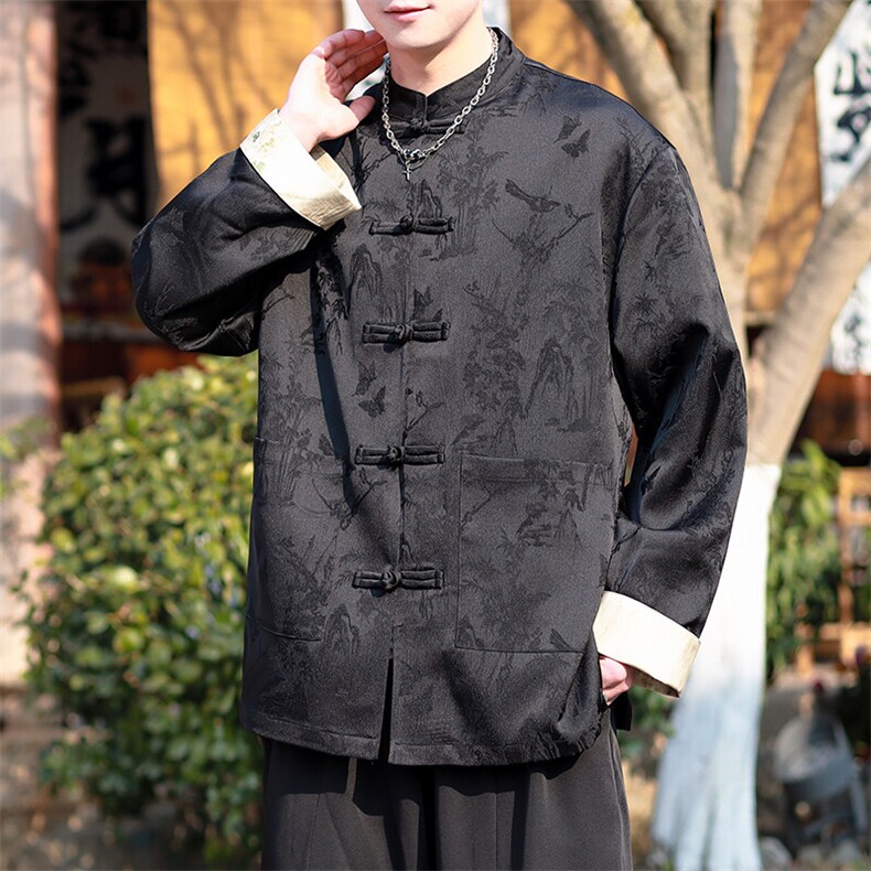 新中式2025新款长袖开衫中式提花暗花纹衬衫A021-KS513-P85控108,男装衬衫,电商A021