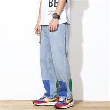 2021新款撞色印花阔腿裤复古牛仔裤大码宽松可5063-600，男装牛仔裤，星座304A-1