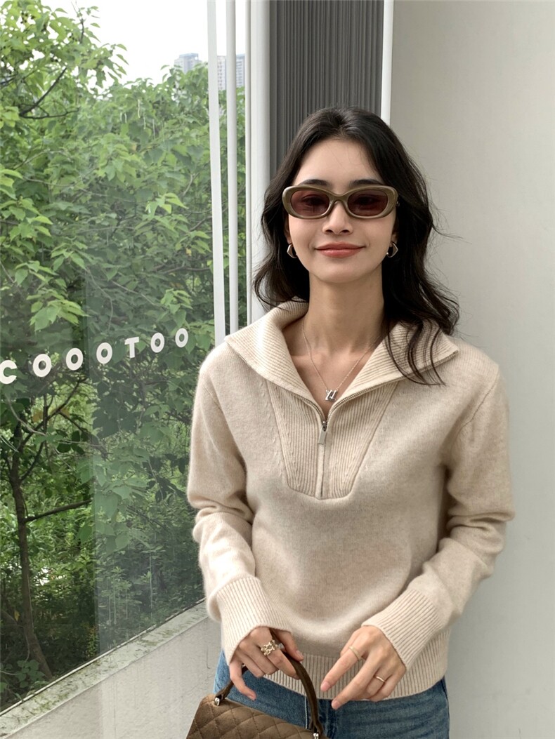 秋冬新款半高领女半拉链修身套头毛衣保暖上衣针织衫打底,针织衫/毛衣,玛卡隆羊绒