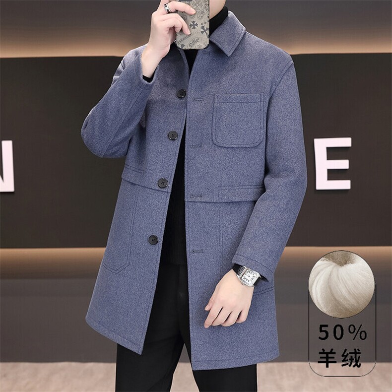 冬季新款男士商务休闲翻领羊绒毛呢大衣中长款风衣外套9716P180,男装风衣,电商B226-2（原B217-2）