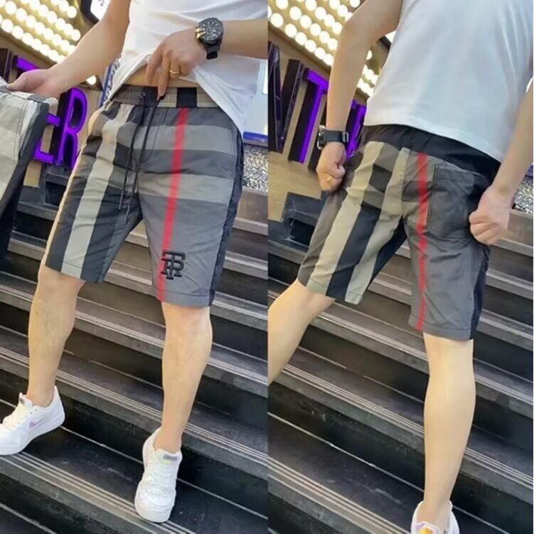 夏季冰丝薄款男士休闲短裤网红外穿潮流速干沙滩裤格子拼色五分裤,男装牛仔裤,星座1210-1