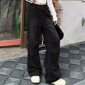 美式水洗做旧拼接阔腿牛仔裤潮牌高街复古宽松直筒休闲拖地长裤,女装牛仔裤,星座506A