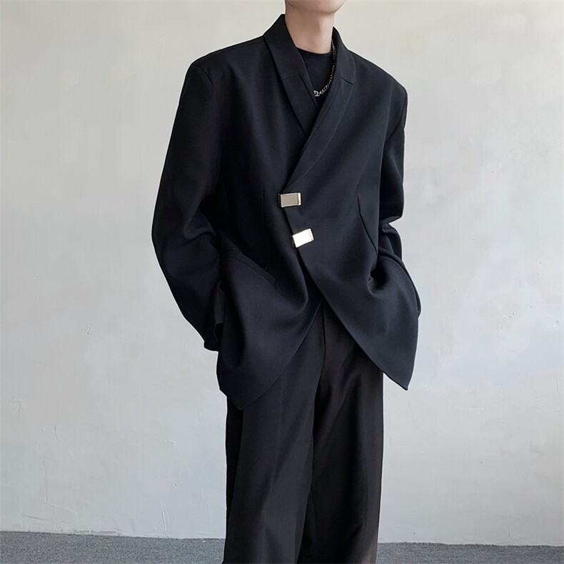现货25青果领西服设计感金属扣斜门襟小众西装上衣XZ26-P128,男装西服,电商B288