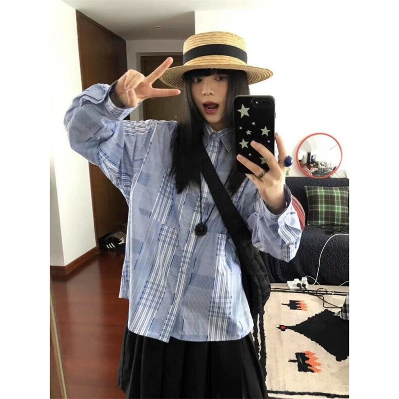 TC601-P45格纹衬衫2026新款女设计感翻领休闲穿搭薄款长袖衬衣,女装衬衫,星座617A-2
