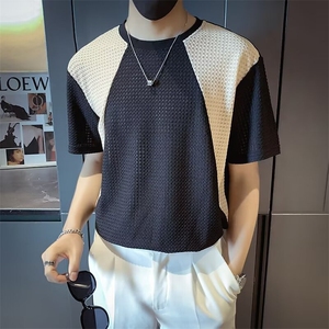 夏季短袖T恤男设计感镂空撞色衣服男款夏装薄款上衣T570,瘦长男生衣服搭配图片图片