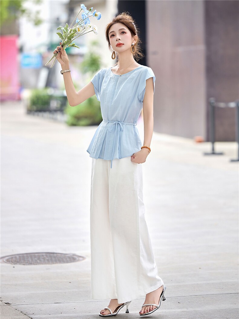 亚麻阔腿裤套装女2025夏季新款大方得体职业老钱风气质穿搭一整套,女装套装/套裙,丽影随形