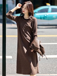 欧货条纹宽松连衣裙两件套女2025秋新款时尚韩版休闲PU皮马甲上衣图片