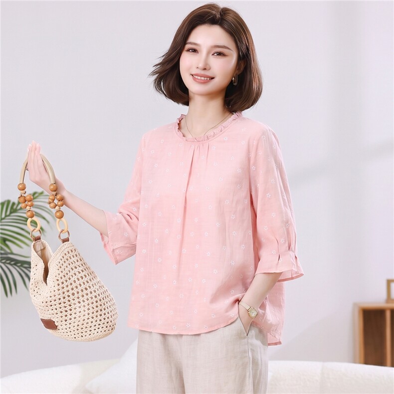 苎麻2026印花上衣女夏季薄款透气中袖衬衫中年妈妈宽松减龄,女装T恤,忆绮罗