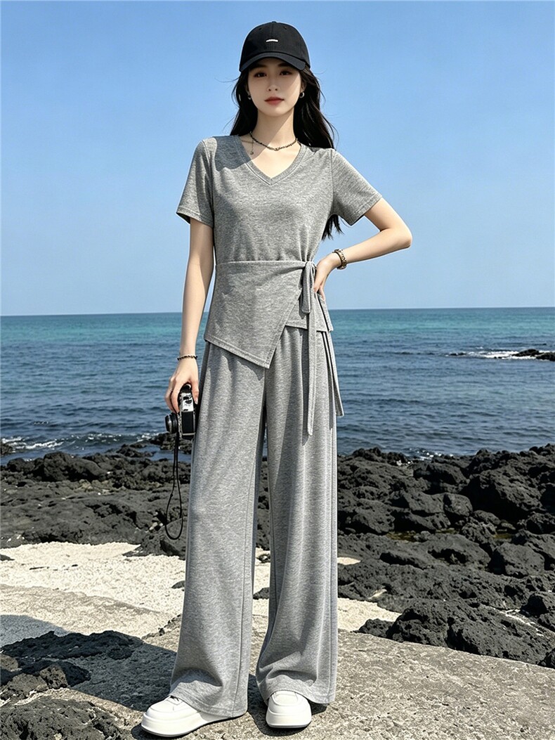 超好看韩版时尚套装女夏新款款蝴蝶结系带短袖上衣阔腿长裤两件套,女装套装/套裙,江南