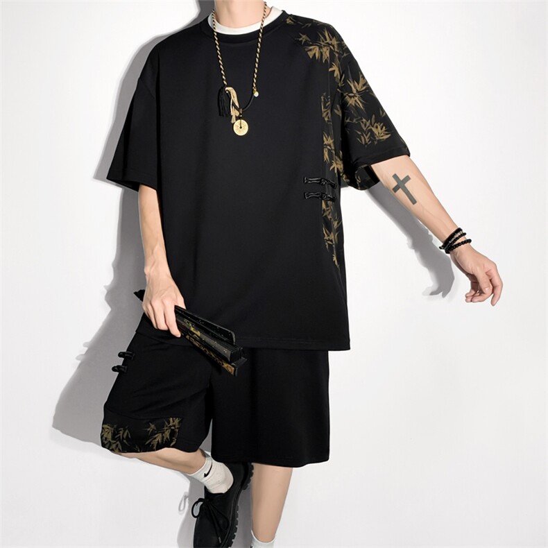 夏季新风冰丝垂感拼色T恤宽松休闲五分套装男TZ622-P69控118,男装T恤,电商C305A