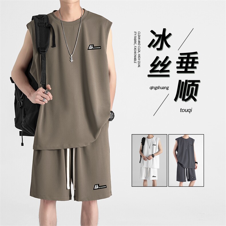 无袖t恤男士夏季男装宽肩坎肩砍袖健身运动套装TZ81-特批68,男装休闲套装,星座718