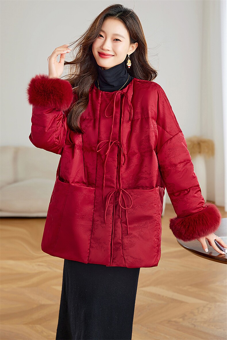 狐狸毛复古风提花羽绒服女2024新款冬季白鸭绒高级感新中式外套,女装羽绒服,浙宝281