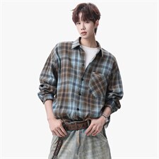 衬衫男春季新款港风宽松大码磨毛格子长袖衬衣CS618-P35，男装衬衫，星座214-3