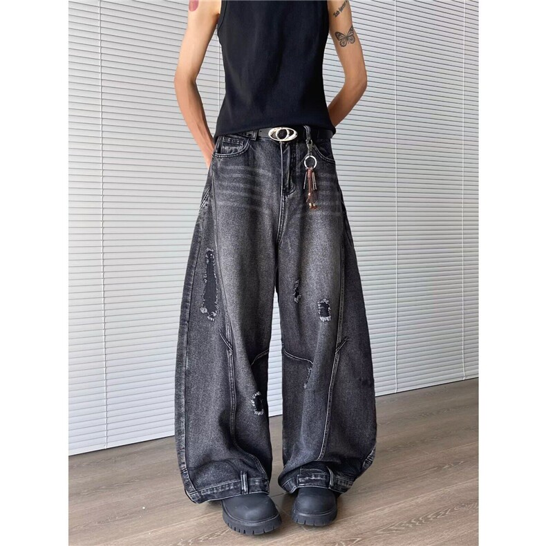 美式复古弯刀裤男款痞帅解构废土风破洞牛仔裤H7824P56，男装牛仔裤，星座1013-1