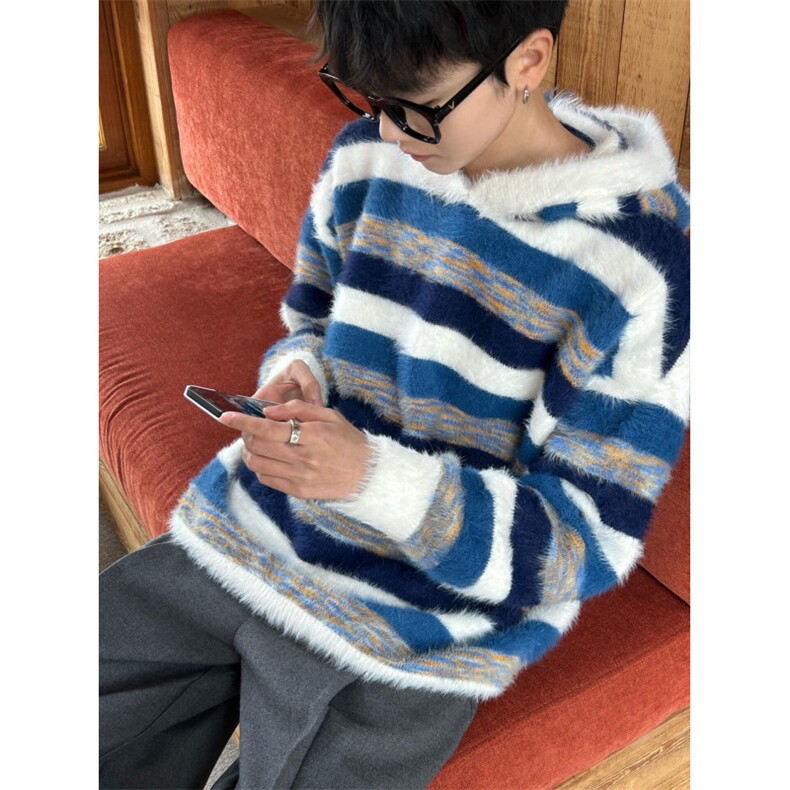 【有货】MY366LL-特P58水貂毛条纹连帽毛衣男慵懒风针织衫外套,男装针织衫/毛衣,星座1007（原301D）
