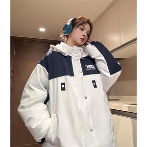 EQ333撞色连帽冬季加厚棉衣外套男女情侣装工装棉服2024新款,冬季工装搭配超市图片
