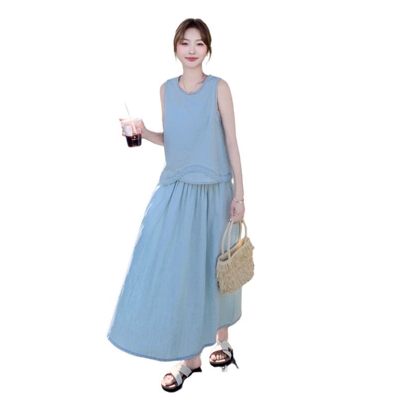 浅蓝色温柔系穿搭甜美减龄背心套装女夏新款轻薄显瘦半身裙两件套,女装套装/套裙,2C272