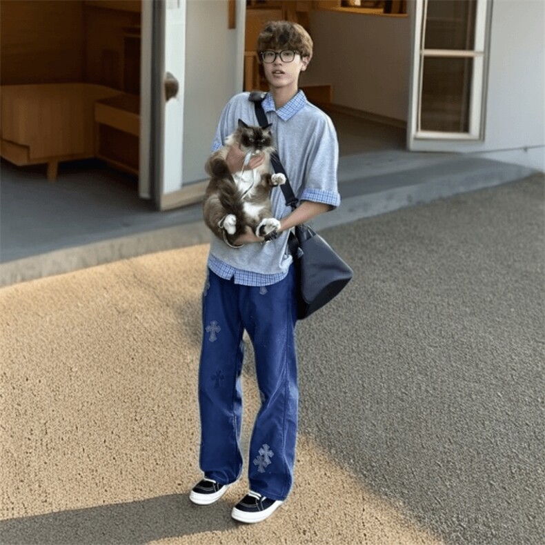 得物抖音高品质二开夏季美式潮牌高街假两件格子衬衣翻领短袖T恤,男装T恤,电商A486