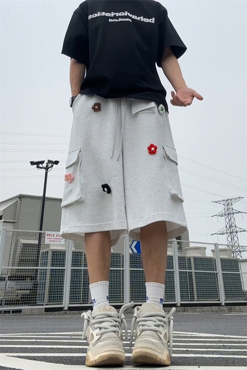 花朵刺绣工装短裤男生夏季少年感运动中裤美式高街直筒宽松七分裤,男装休闲裤,电商A102B
