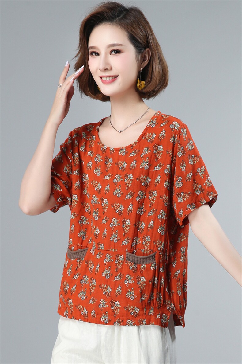 2021年新款毛线口袋边小碎花宽松上衣女宽松大码棉T恤小衫女,女装T恤,涵誉