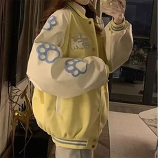 猫咪刺绣棒球服撞色上衣百搭学院风男女情侣拼接宽松潮外套JK0016，女装短外套，星座516A