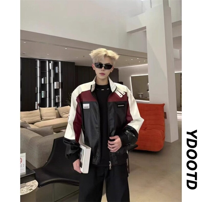 网络图现货美式潮牌pu皮衣情侣拼接撞色痞帅骑行服JK8574-P75,男装皮衣,星座715-7