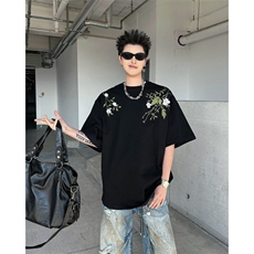GC0159-P42潮新中式花卉刺绣廓形短袖T恤男女百搭圆领夏装上衣，男装T恤，电商C233
