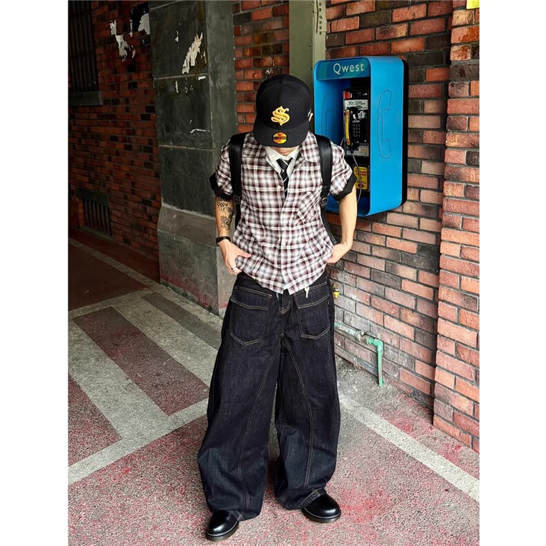 1506/QN0120/P59美式反穿口袋小众设计感新款黑色阔腿休闲裤子,男装休闲裤,星座1506