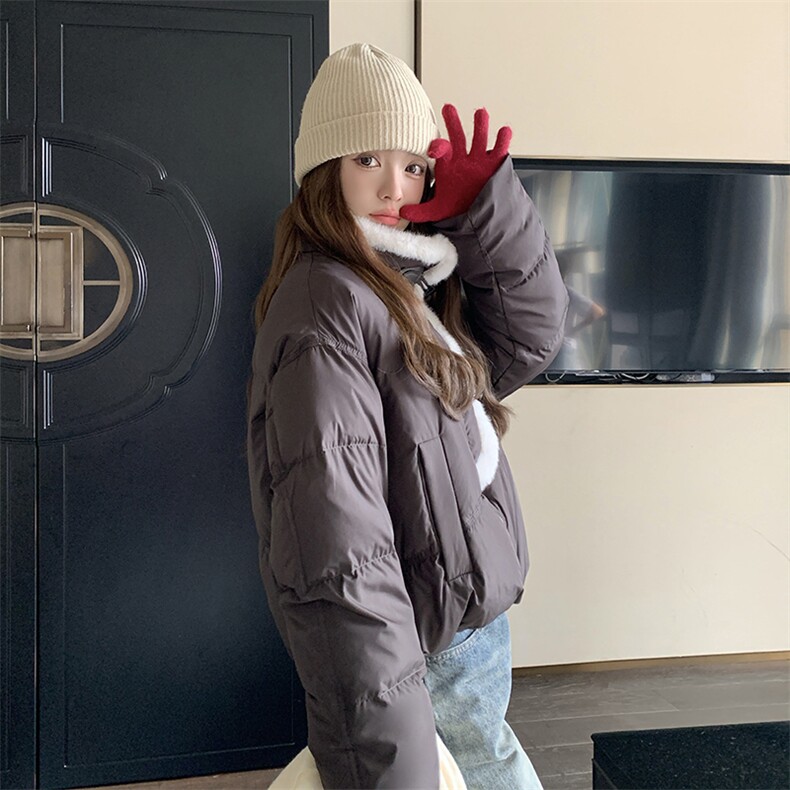 LeceaAlice短款羽绒服女2025冬季新款韩版拼接毛绒白鸭绒面包服,女装羽绒服,2C088