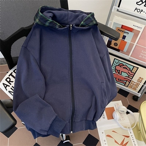美式复古格纹撞色帽衫男秋款简约cleanfit休闲宽松百搭卫衣外套图片